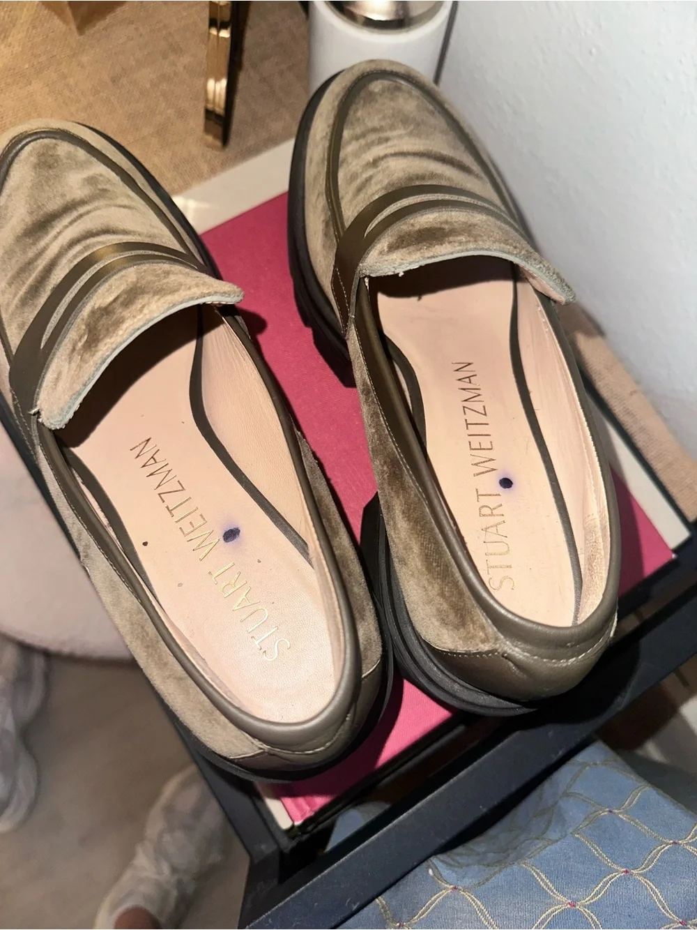 Stuart Weitzman Soho Olive Velvet Lug Sole Loafers